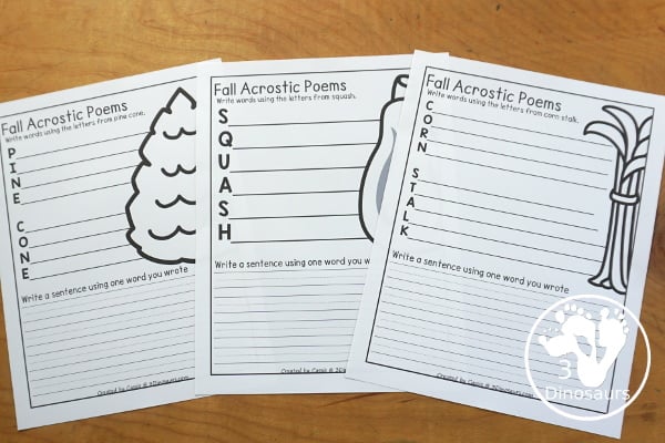 Free Fall Acrostic Poem Printables - 10 fun acrostic poems with fall themes to use with kids. A fun way to work on writing for the fall. 3Dinosaurs.com