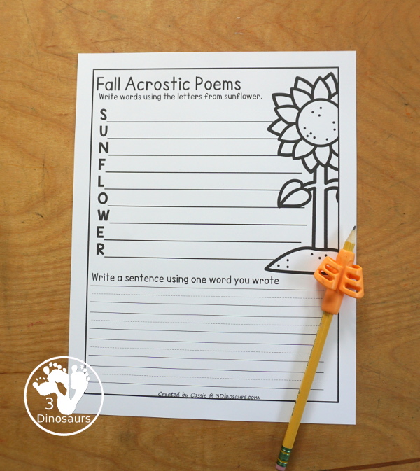 Free Fall Acrostic Poem Printables - 10 fun acrostic poems with fall themes to use with kids. A fun way to work on writing for the fall. 3Dinosaurs.com