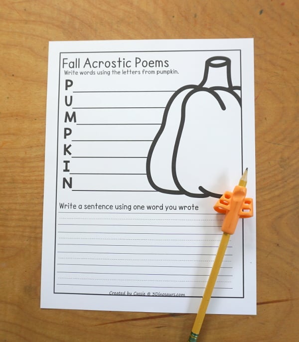 Free Fall Acrostic Poem Printables - 10 fun acrostic poems with fall themes to use with kids. A fun way to work on writing for the fall. 3Dinosaurs.com