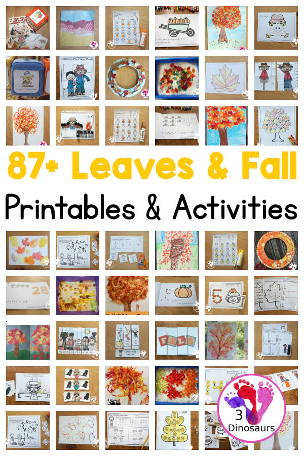 87+ Leaves & Fall Tree Printables & Activities: math, themed packs, numbers, ABCs, writing, sensory bins, crafts and more - 3Dinosaurs.com
