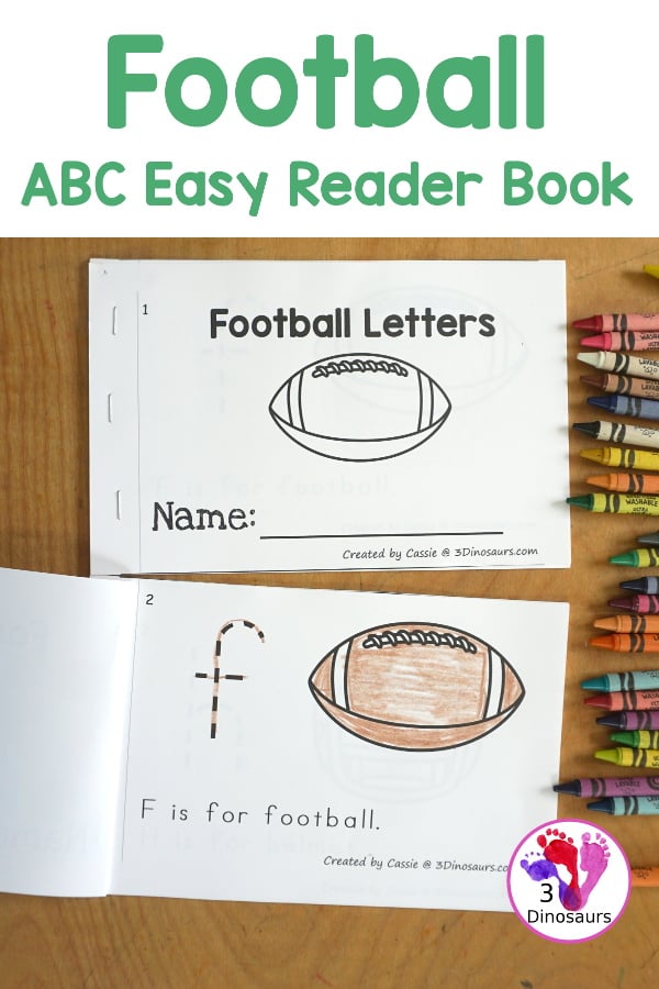 Free Football ABC Easy Reader Book Printable - has an 8 page book with lowercase letters to trace and a sentence about the letters as well. A simple football easy reader book. 3Dinosaurs.com