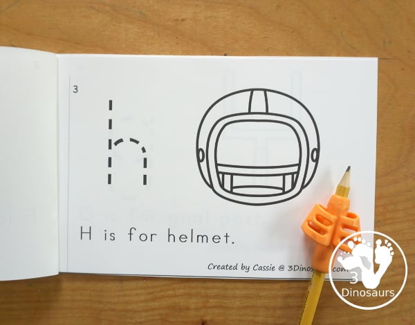 Free Football ABC Easy Reader Book Printable - has an 8 page book with lowercase letters to trace and a sentence about the letters as well. A simple football easy reader book. 3Dinosaurs.com
