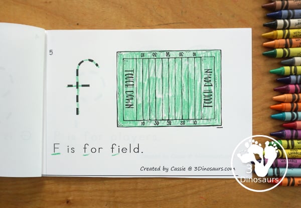Free Football ABC Easy Reader Book Printable - has an 8 page book with lowercase letters to trace and a sentence about the letters as well. A simple football easy reader book. 3Dinosaurs.com