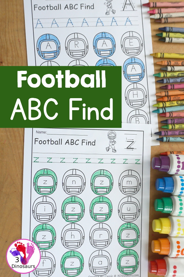 Football ABC Letter Find Printable with uppercase and lowercase letter find with tracing the letter and finding the letters. A fun football theme for fall and winter. 3Dinosaurs.com