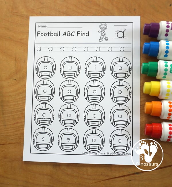 Football ABC Letter Find Printable with uppercase and lowercase letter find with tracing the letter and finding the letters. A fun football theme for fall and winter. 3Dinosaurs.com