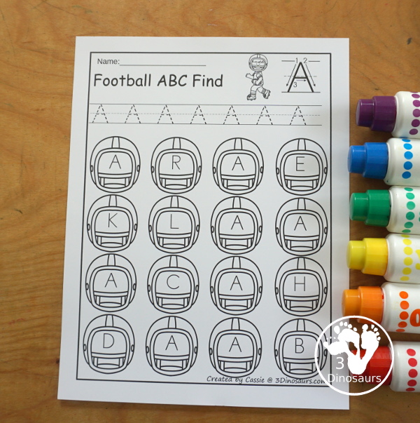 Football ABC Letter Find Printable with uppercase and lowercase letter find with tracing the letter and finding the letters. A fun football theme for fall and winter. 3Dinosaurs.com