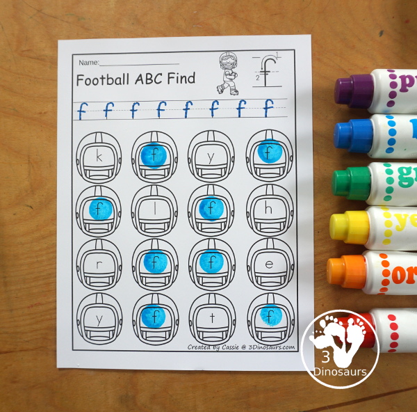 Football ABC Letter Find Printable with uppercase and lowercase letter find with tracing the letter and finding the letters. A fun football theme for fall and winter. 3Dinosaurs.com