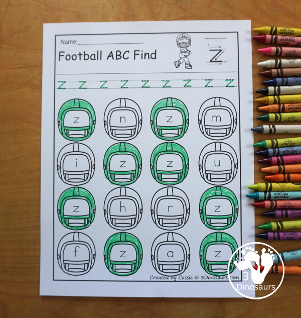 Football ABC Letter Find Printable with uppercase and lowercase letter find with tracing the letter and finding the letters. A fun football theme for fall and winter. 3Dinosaurs.com