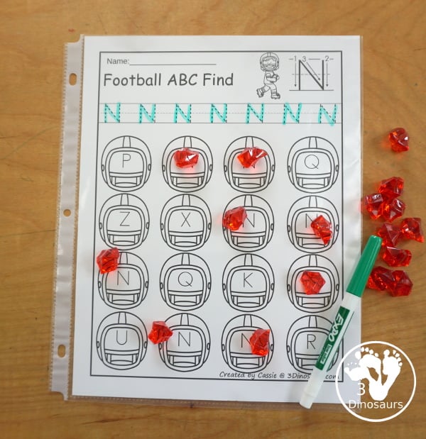 Football ABC Letter Find Printable with uppercase and lowercase letter find with tracing the letter and finding the letters. A fun football theme for fall and winter. 3Dinosaurs.com