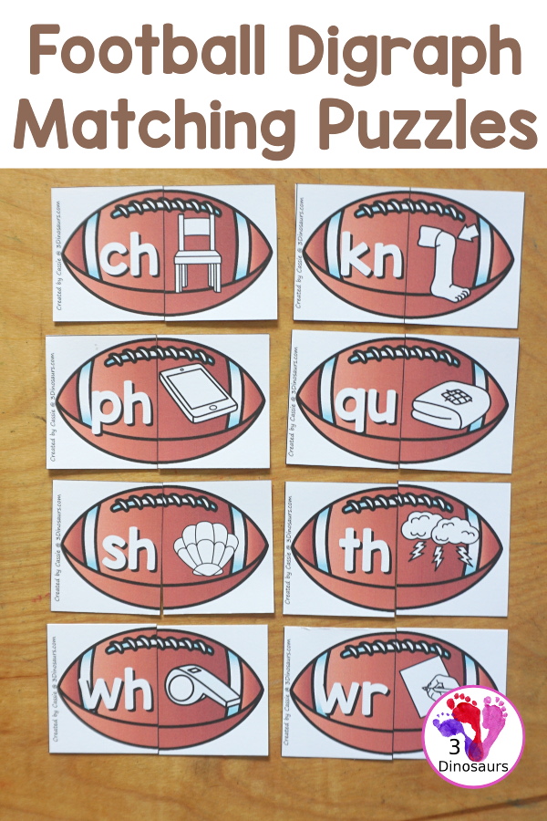 Free Football Beginning Digraph Matching Puzzle Printables - 8 puzzles to use with kids for beginning digraphs and fun with a football theme. - 3Dinosaurs.com