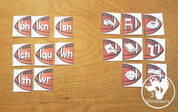 Free Football Beginning Digraph Matching Puzzle Printables - 8 puzzles to use with kids for beginning digraphs and fun with a football theme. - 3Dinosaurs.com