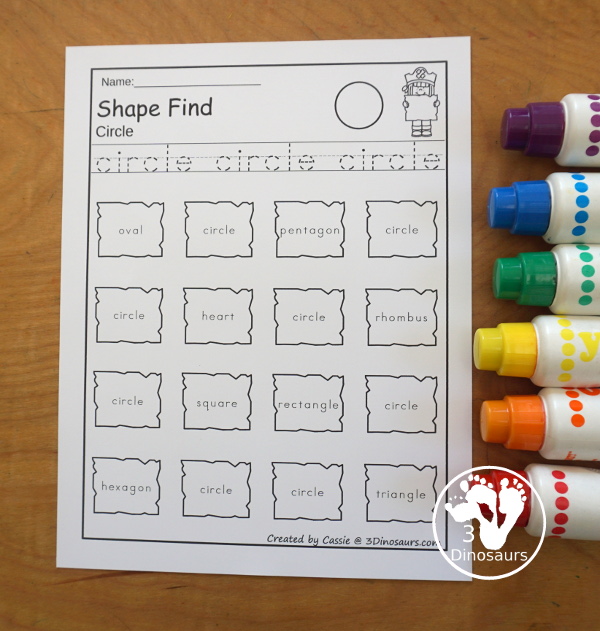 Pirate Shape Find Printable has a shape word and geometric shape find for kids. You have to trace the shape, then find the shape on the map. A fun prek and kindergarten printable for kids. 3Dinosaurs.com