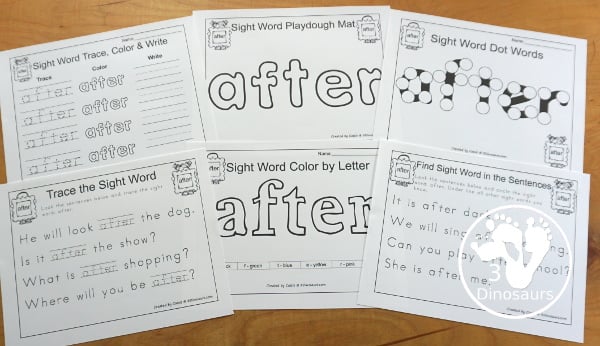 Free Romping & Roaring First Grade Sight Words: After - you have 6 pages for each sight word that work on learning the sight word in different ways with reading, writing, and finding. 3Dinosaurs.com