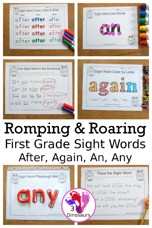 Free Romping & Roaring First Grade Sight Words: After, Again, An, Any - you have 6 pages for each sight word that work on learning the sight word in different ways with reading, writing, and finding. 3Dinosaurs.com
