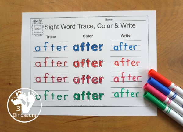 Free Romping & Roaring First Grade Sight Words: After, Again, An, Any - you have 6 pages for each sight word that work on learning the sight word in different ways with reading, writing, and finding. 3Dinosaurs.com