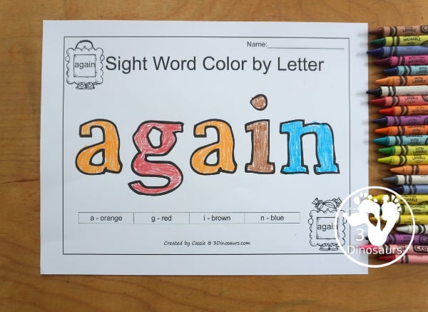 Free Romping & Roaring First Grade Sight Words: After, Again, An, Any - you have 6 pages for each sight word that work on learning the sight word in different ways with reading, writing, and finding. 3Dinosaurs.com