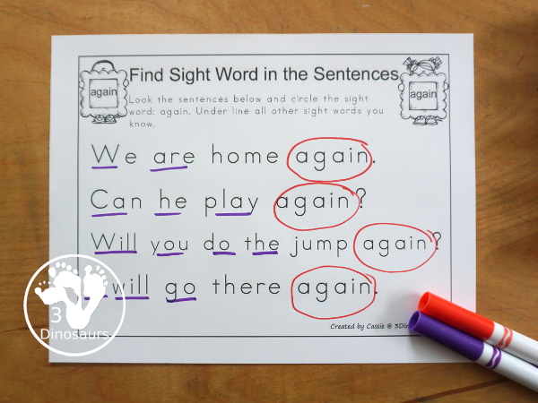 Free Romping & Roaring First Grade Sight Words: After, Again, An, Any - you have 6 pages for each sight word that work on learning the sight word in different ways with reading, writing, and finding. 3Dinosaurs.com