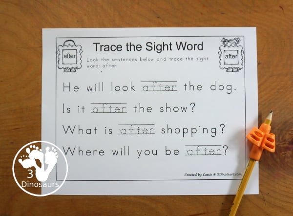 Free Romping & Roaring First Grade Sight Words: After, Again, An, Any - you have 6 pages for each sight word that work on learning the sight word in different ways with reading, writing, and finding. 3Dinosaurs.com
