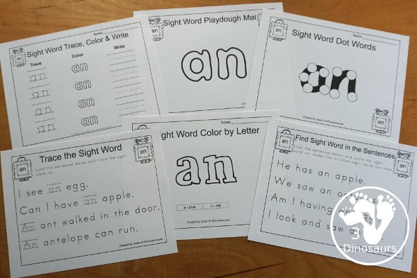 Free Romping & Roaring First Grade Sight Words: An- you have 6 pages for each sight word that work on learning the sight word in different ways with reading, writing, and finding. 3Dinosaurs.com