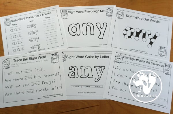 Free Romping & Roaring First Grade Sight Words: Any - you have 6 pages for each sight word that work on learning the sight word in different ways with reading, writing, and finding. 3Dinosaurs.com