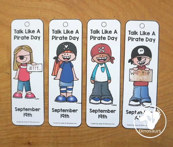 Free Talk Like a Pirate Day Bookmark Printables - 8 fun bookmarks to use for Talk Like a Pirate Day on September 19th. A fun treat for kids to get a bookmark for the day. - 3Dinosaurs.com