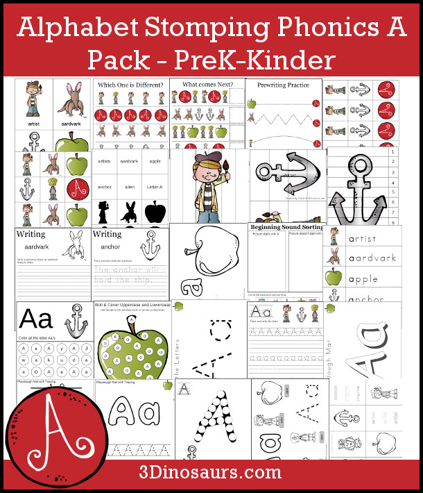 Free Alphabet Stomping Phonics A Pack - 62 pages of letter A printables - 3Dinosaurs.com