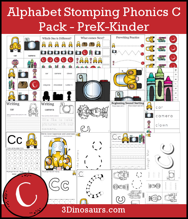 Free Alphabet Stomping Phonics C Pack - 62 pages of letter C printables - 3Dinosaurs.com