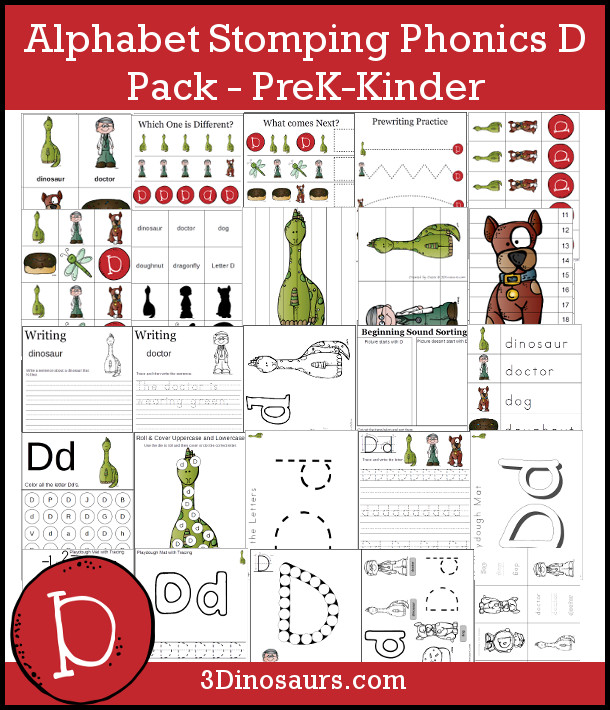 Free Alphabet Stomping Phonics D Pack - 62 pages of letter D printables - 3Dinosaurs.com