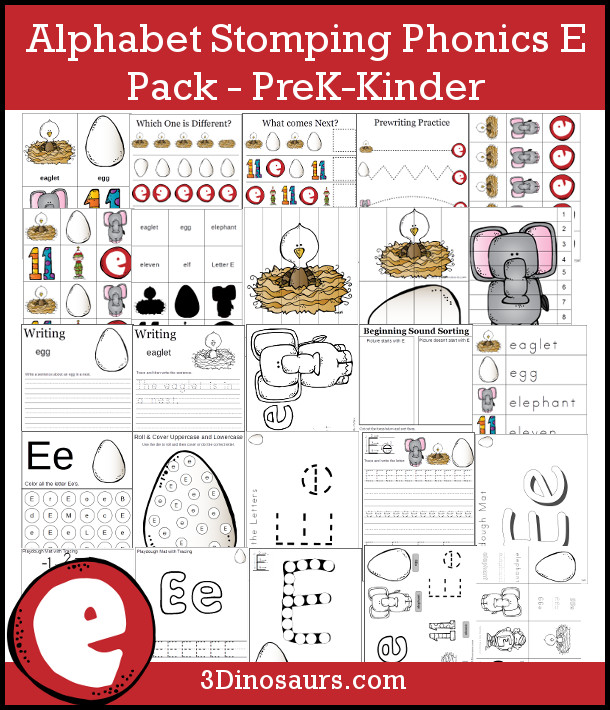 Free Alphabet Stomping Phonics A Pack - 62 pages of letter E printables - 3Dinosaurs.com