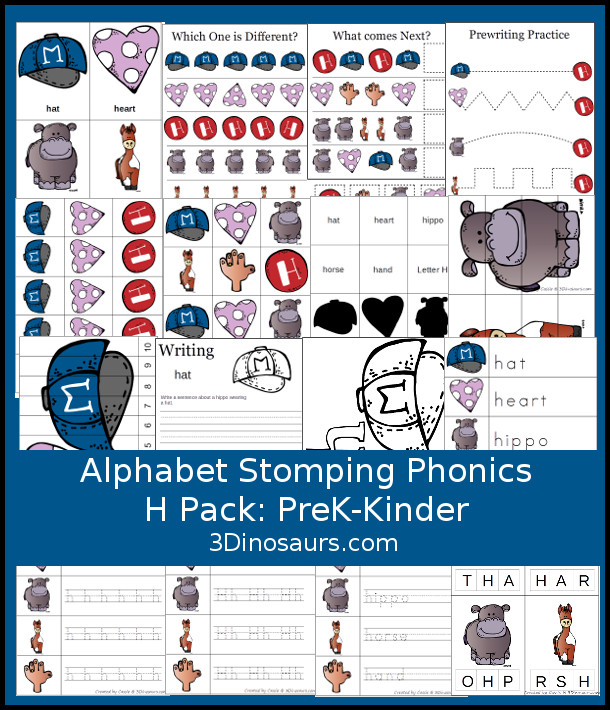 Free Alphabet Stomping Phonics H Prek-Kinder Pack - 30 pages of printables - 3Dinosaurs.com