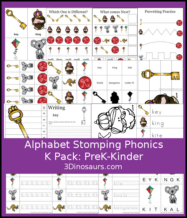 Free Alphabet Stomping Phonics K Prek-Kinder Pack - 30 pages of printables - 3Dinosaurs.com