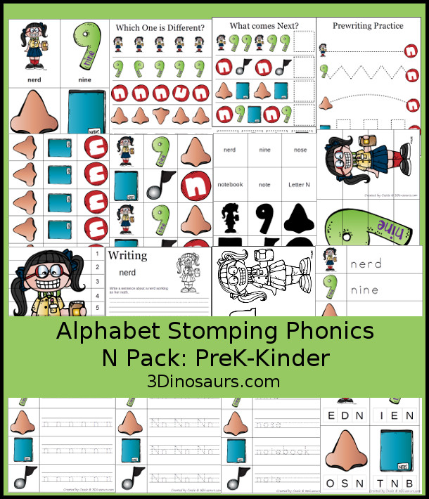 Free Alphabet Stomping Phonics N Prek-Kinder Pack - 30 pages of printables - 3Dinosaurs.com