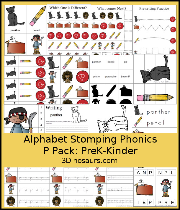 Free Alphabet Stomping Phonics P Prek-Kinder Pack - 30 pages of printables - 3Dinosaurs.com