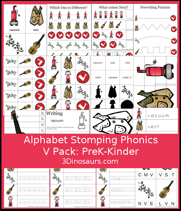 Free Alphabet Stomping Phonics V Prek-Kinder Pack - 30 pages of printables - 3Dinosaurs.com
