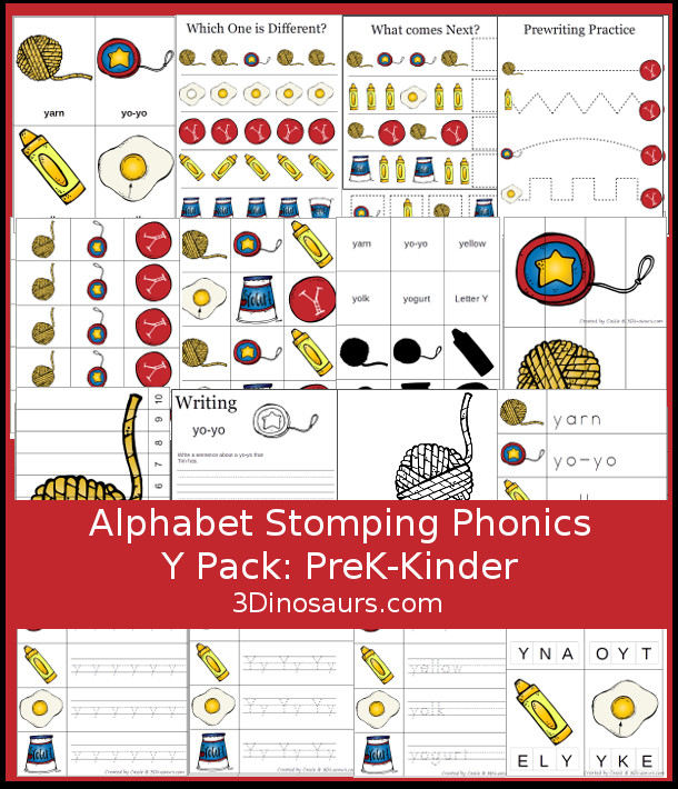 Free Alphabet Stomping Phonics Y Prek-Kinder Pack - 30 pages of printables - 3Dinosaurs.com