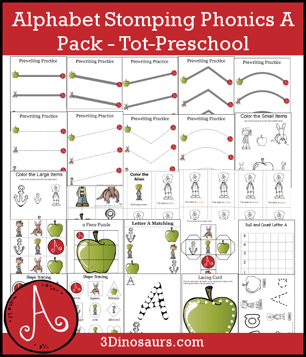 Free Alphabet Stomping Phonics A Pack - 30 pages of letter A printables - 3Dinosaurs.com