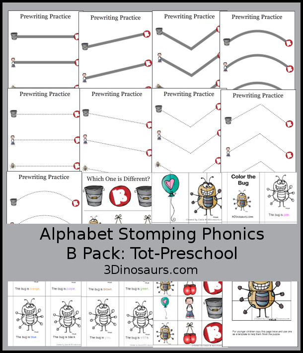 Free Alphabet Stomping Phonics B Tot-Preschool Pack - 20 pages of printables - 3Dinosaurs.com
