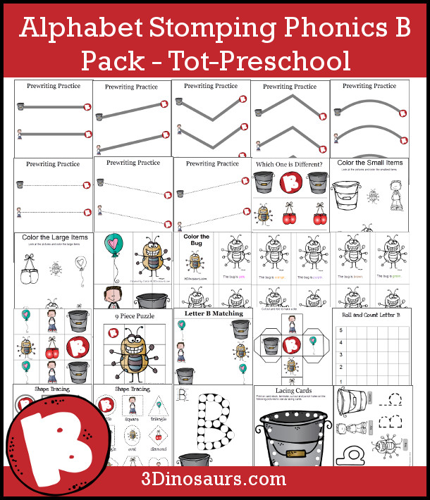 Free Alphabet Stomping Phonics B Pack - 30 pages of letter A printables - 3Dinosaurs.com