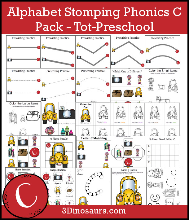 Free Alphabet Stomping Phonics C Pack - 30 pages of letter C printables - 3Dinosaurs.com