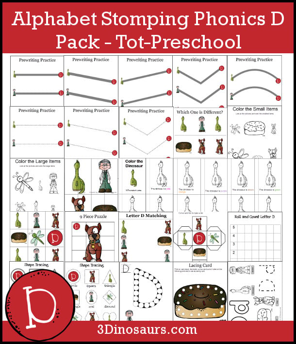 Free Alphabet Stomping Phonics D TOT Pack - 30 pages of letter D printables - 3Dinosaurs.com