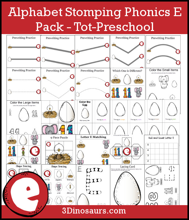 Free Alphabet Stomping Phonics E Pack TOt & Preschool - 30 pages of letter E printables - 3Dinosaurs.com