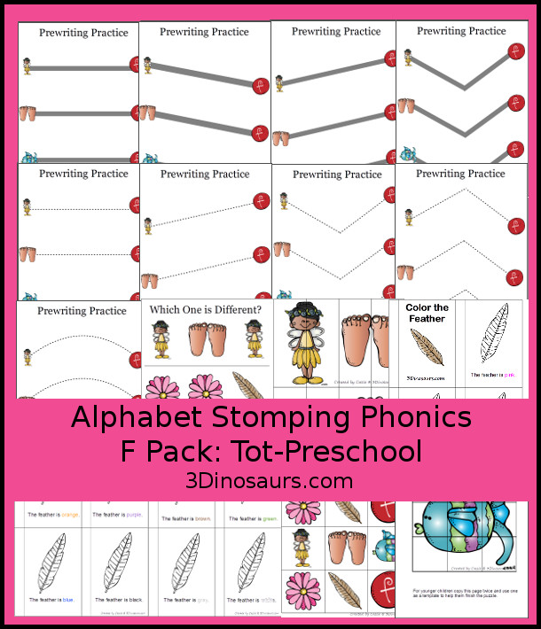 Free Alphabet Stomping Phonics F Tot-Preschool Pack - 20 pages of printables - 3Dinosaurs.com