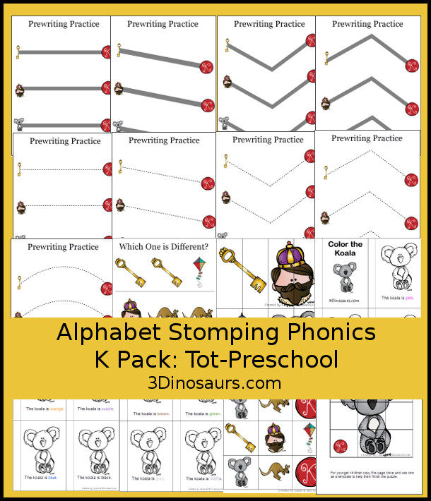 Free Alphabet Stomping Phonics K Tot-Preschool Pack - 20 pages of printables - 3Dinosaurs.com