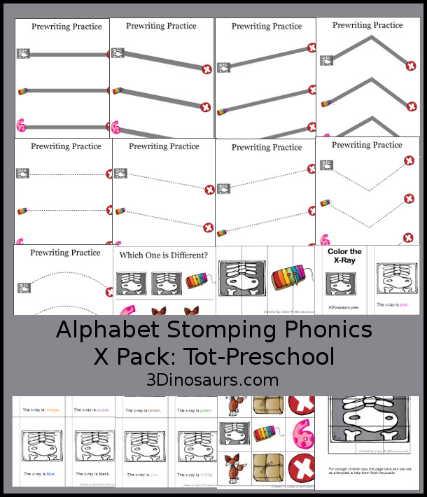 Free Alphabet Stomping Phonics X Tot-Preschool Pack - 20 pages of printables - 3Dinosaurs.com