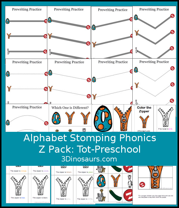 Free Alphabet Stomping Phonics Z Tot-Preschool Pack - 20 pages of printables - 3Dinosaurs.com