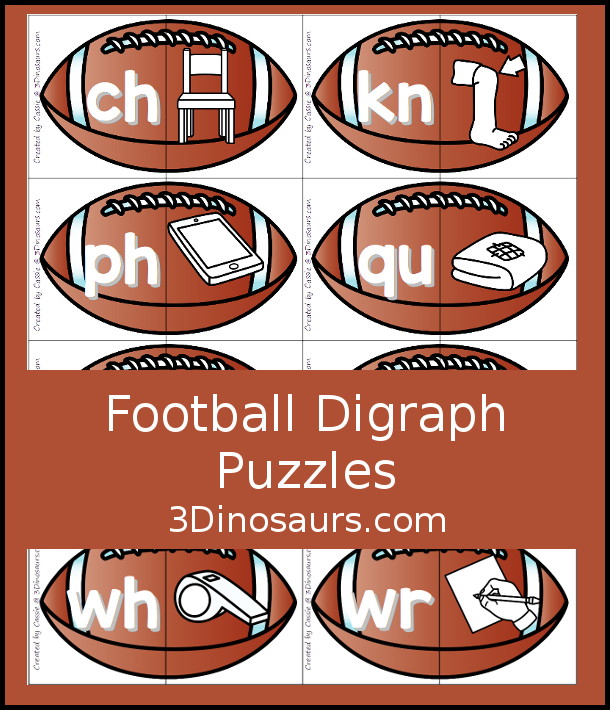 Free Football Digraph puzzles with beginning digraphs for kids to match. You have picture and digraph letters. - 3Dinosaurs.com