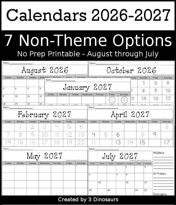 7 Non-Themed Calendars for August 2024 -July 2025 with tracing, dot the number, coloring, writing and tracing - 3Dinosaurs.com