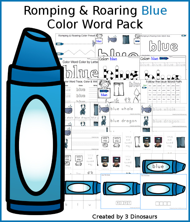 Romping & Roaring Color Blue Word Pack - 22 pages of activities with puzzles, spelling words, dot marker words, playdough mats, pocket chart cards, small color words and more - 3Dinosaurs.com