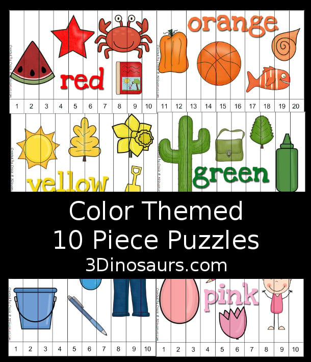 Free Color Ten Piece Puzzle Printables. You have the color word and then different pictures that match the colors. You have 1 to 10 and then different numbers for the puzzles for 1 to 110 numbers. 3Dinosaurs.com
