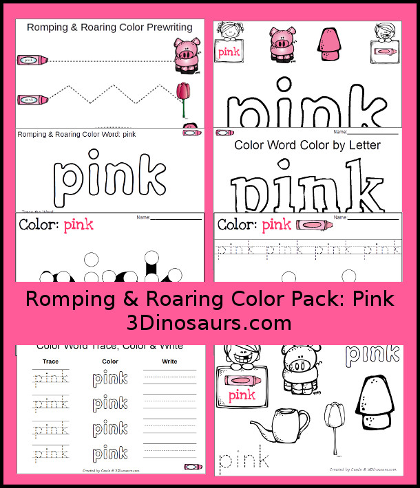 Free Romping & Roaring Color Pack Pink - 8 free pages of printables for the color pink - pink playoudgh mats, pink coloring, pink tracing and more pink activities. - 3Dinosaurs.com
